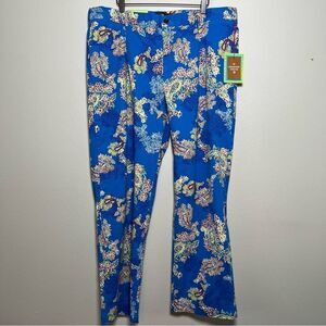 NEW Houston White Women Pants‎ XL Chino Floral Blue Art to Wear Paisley Vibrant